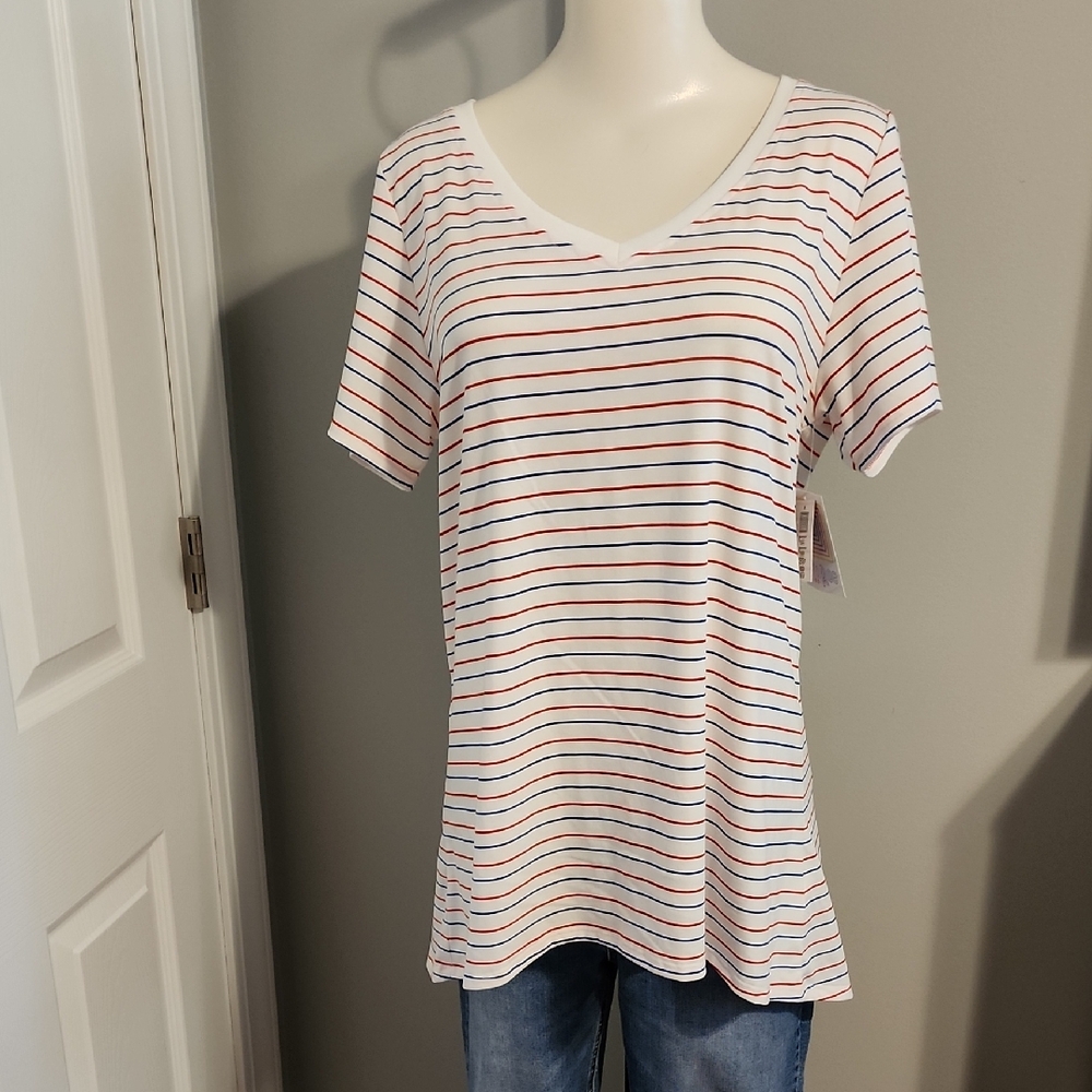 LuLaRoe White and Pink Short Sleeve Fitted Tee